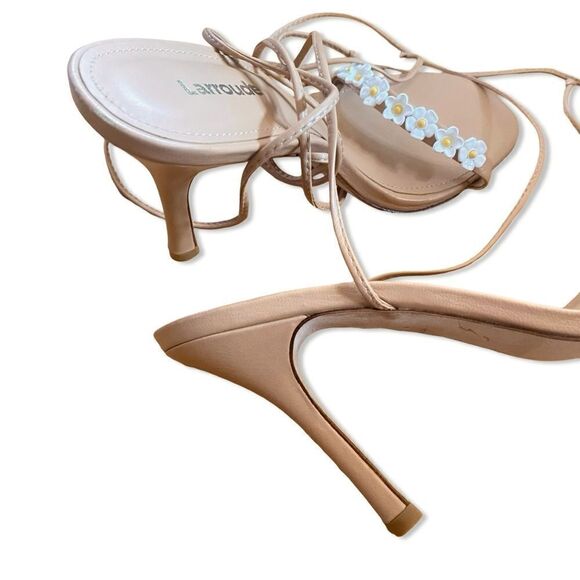Larroude Goldie Sandals high heels shoes Tan Leather lace up flowers Sz 8.5 - Picture 6 of 15
